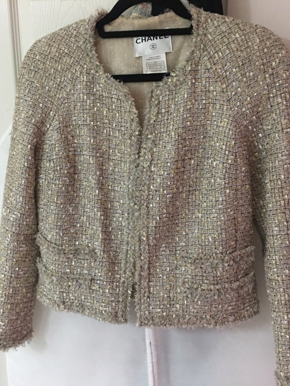 Chanel Spring 2005 Jacket tweed-silk Gold/Beige/Metallic threads size 38 FR